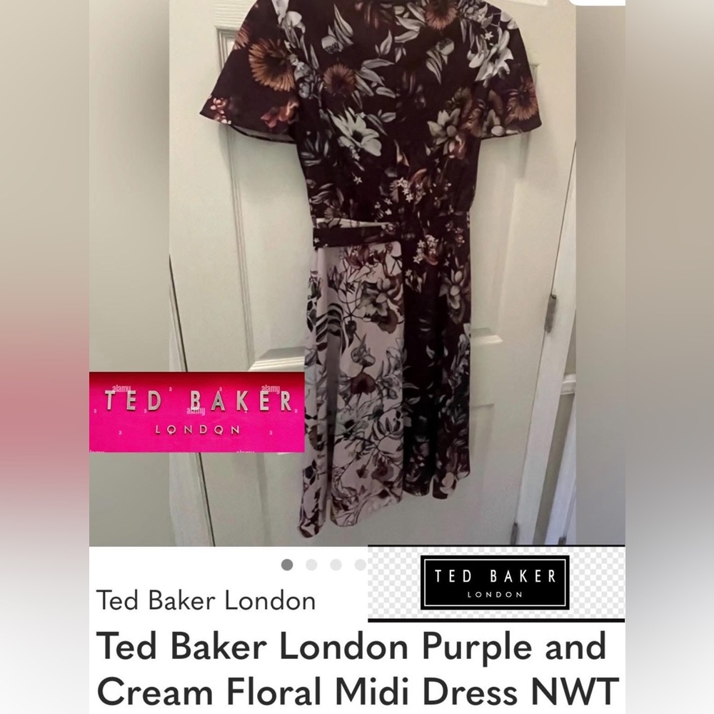 Ted Baker London Two-Tone Purple and Cream Floral Midi Dress